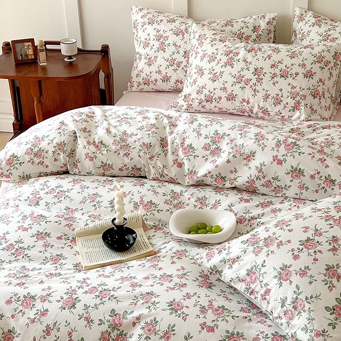 Girls Floral Duvet Cover Twin Pink White Floral Bedding Set Vintage Rose Flower Printed Duvet Cover Cotton Floral Comforter Cover Botanical Aesthetic Bedding Set 1 Twin Duvet Cover with 2 Pillowcases
