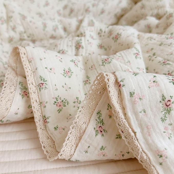 BuLuTu 2-Layer Muslin Cotton Kids Quilt for Twin Bed, Soft Gauze Blanket Lace Edged, Girls Boys Toddler Comforter, Breathable Lightweight, Pomegranate Pattern, 60"x78", Machine Washable