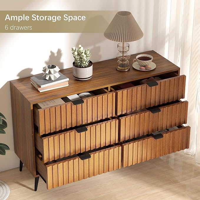 Fluted Dresser for Bedroom with 6 Drawers, 47'' Wide Modern Dresser with Metal Handle, Natural Wood Dressers Organizer with Blister Drawers for Bedroom, Brown