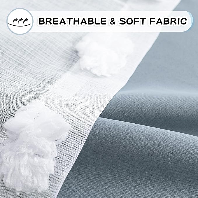 MYSKY HOME Dusty Blue Living Room Curtains 90 Inch Long Double Layer Blackout Curtains for Bedroom White Pom Pom Sheer Curtains for Kids Room Darkening Grommet Top Nursery Window Panels 52 x 90 in