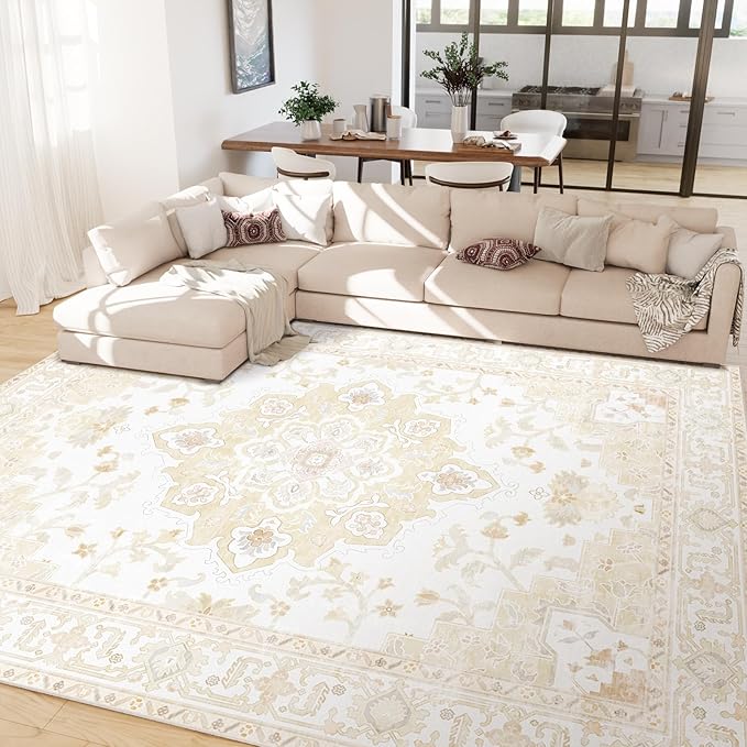 Machine Washable Rugs Nursery Rug 8x10 Area Rugs Girl Non Slip Low Pile Water Repellent Soft Print Pattern for Bedroom Indoor Decor Kids Playroom Cream
