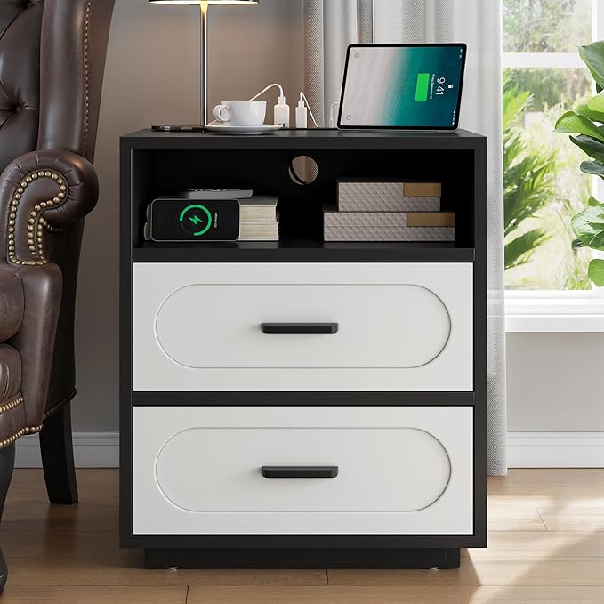 Nightstand Set of 2 with Charging Station, End Table with 2 Drawers Storage, Space-Saving Wood Storage Cabinet with Unique Base Design, Bedside Table for Bedroom, Living Room