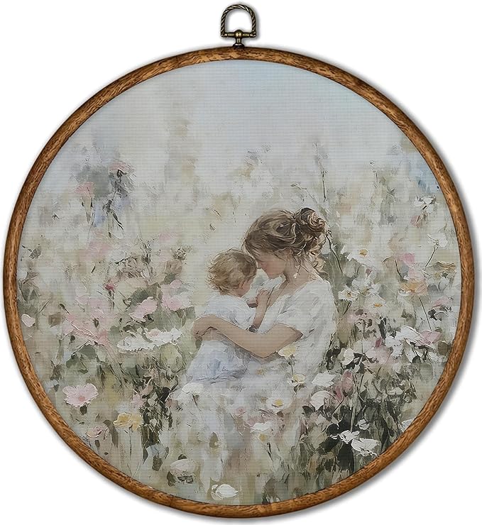 Vintage Mother & Child Round Wall Art Framed, Wildflower Meadow Nursery Wall Decor, Shabby Chic Botanical Landscape Hanging Canvas Prints(10X10inches) -A21