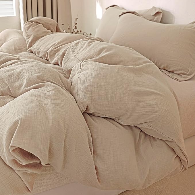MorroMorn Muslin Duvet Cover Queen Size, 100% Breathable Cotton Comforter Cover Sets, Ultra Soft 2-Layer Gauze Duvet Cover Set 3 PCS with 2 Pillowcases, Lightweight Linen Like, 90"x90", Linen Beige