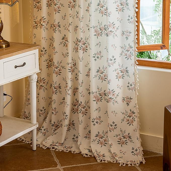 OYX Pink Boho Floral Window Curtains 96 Inch Long 2 Panels, French Vintage Farmhouse Vintage Country Rustic Tassels Printed Drapes for Living Room Bedroom, Rod Pocket Light Filtering Decor Aesthetic
