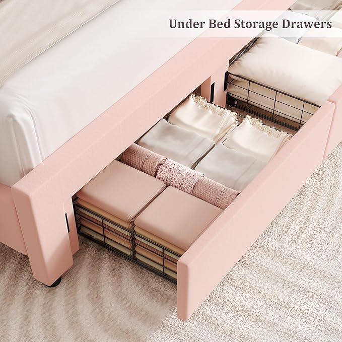 HITHOS Upholstered Queen Led Bed Frame with Charging Station and Storage Drawers, Velvet Princess Platform Bed Frames with Crystal-Button Tufted Headboard for Girls and Kids, No Box Spring Need, Pink