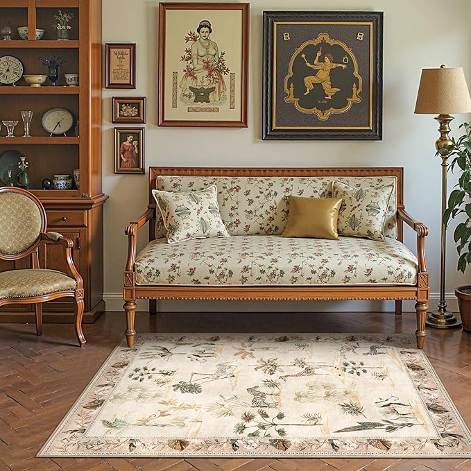 jinchan 3x5 Beige Jungle Rug, Washable Throw Entryway Rug Animals Print Kitchen Mat, Indoor Ultra-Thin Low-Pile Non-Slip Soft Botanical Accent Carpet for Bedroom Entrance Laundry Room (3'x5', Beige)