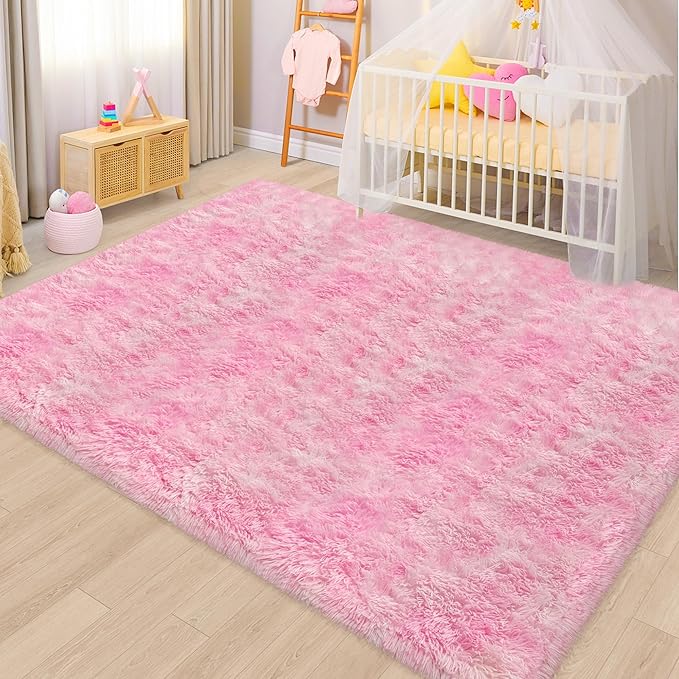 Fluffy Pink Rugs for Bedroom Girls Room, Large Plush Area Rug 6x9 Pink Shag Carpet for Bedroom Living Room, Soft Fuzzy Rug for Kids Room Bedside Nursery Playroom Dorm Home Decor