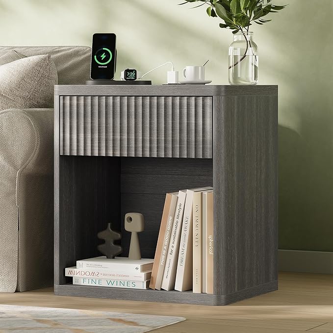 Fluted Nightstand Set of 2 with Charging Station, 21.7" Wide Modern Bedside Table with 1 Drawers Open Storage Cabinet, Wooden End Table for Bedroom,Gray