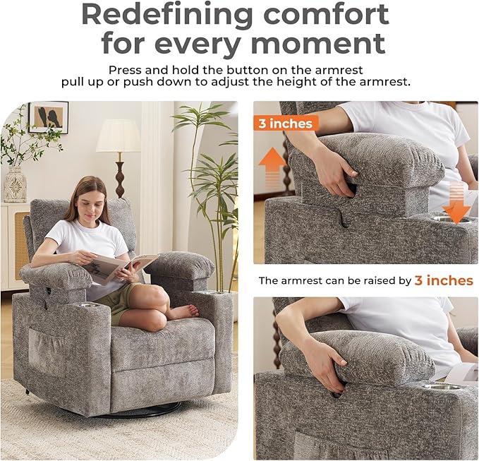 Rocking Chair Nursery with Adjustable Armrests, Electric Glider Recliner Nursing Chair for Breastfeeding, Power Swivel Recliner Chairs with Massage and Heat, Adjustable Headrest, Dark Grey