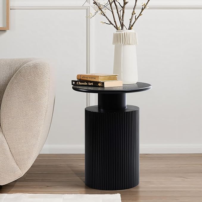 LuxenHome Black Side Table, 22" Fluted Round Side Table for Small Spaces, Modern Accent End Table for Living Room Couch, Bedroom, Bedside Table, Nightstand