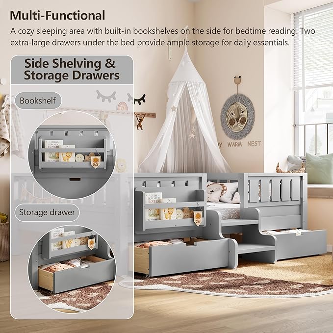 Bellemave Full Size Bed with Slats and Stairs, Full Size Platform Bed Frame with Fence, Bookshelf and Storage Drawers, Easy Assemble Beds for Kids, Girls, Boys, Gray