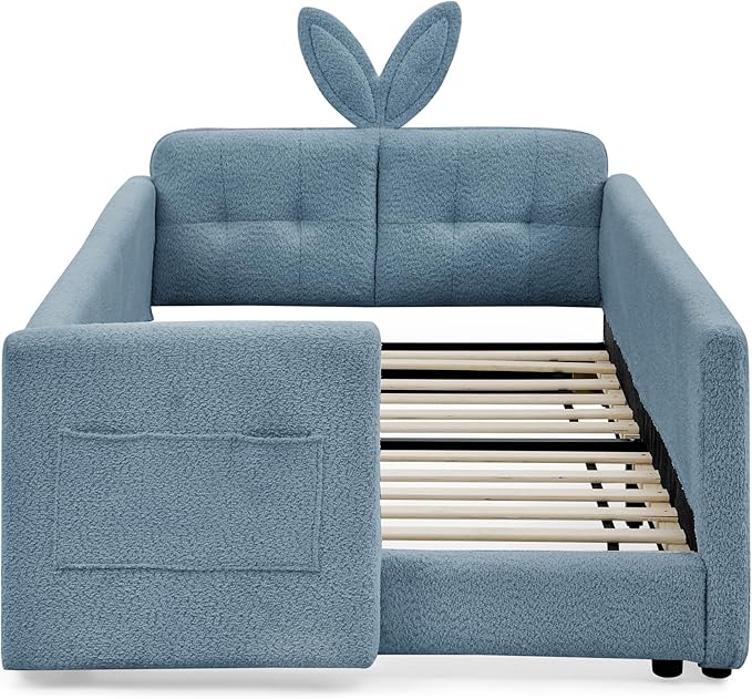 Twin Size Upholstered Platform Bed with Safety Guardrail and Cute Rabbit Ear Shaped Headboard, Boucle Fabric Montessori Kids Bed with Pocket and Sturdy Slats Support (Baby Blue-7.24)