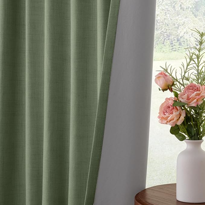 INOVADAY 100% Blackout Curtains for Bedroom, Black Out Curtains 120 Inch Long, Clip Rings Linen Blackout Drapes, Thermal Insulated Room Darkening for Living Room, 2 Panels - Moss Green,W50xL120