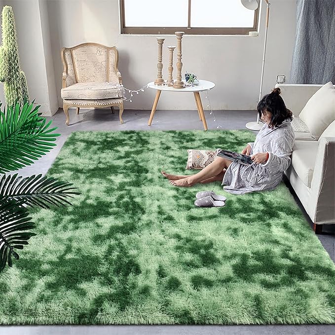 DweIke Fluffy Sage Green Shag Rugs for Bedroom Living Room, 5x8 Feet Soft Plush Tie-Dyed Mint Green Girls Boys Kids Rug, Non-Slip and Machine Washable Carpet for Dorm Nursery Classroom Decor