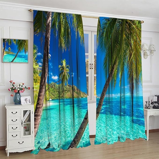 Ocean Beach Curtains,Sunshine and Beach Hawaiian Seaside Scene Pattern Blackout Print Home Bedroom Living Room Window Treatments 2 Panel Set 63x63 Inch