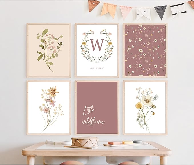 Personalized Name Flower Nursery Wall Art Prints, Crib & Nursery décor, Newborn Baby Girl Gift Present, Floral Baby Girl Room Pictures, Poster For Baby And Kids (6 Prints, Flower 3)