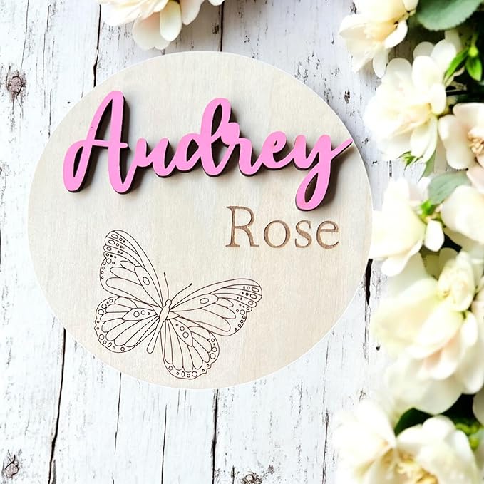 Personalized 3D Butterfly Birth Announcement Sign, Wooden Name sign, Hospital Photo prop Baby Name Reveal, Many font options, 30 Colors (Engraved Monarch)