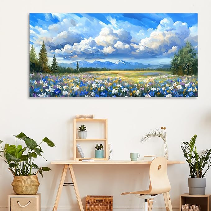 Mountain Wildflower Wall Art, Natural Landscape Wall Decor Painting Blue Sky White Cloud Scenery Picture for Living Room, Farmhouse Nature Colorful Flower Canvas Prints Artwork for Bedroom 12x24 inch