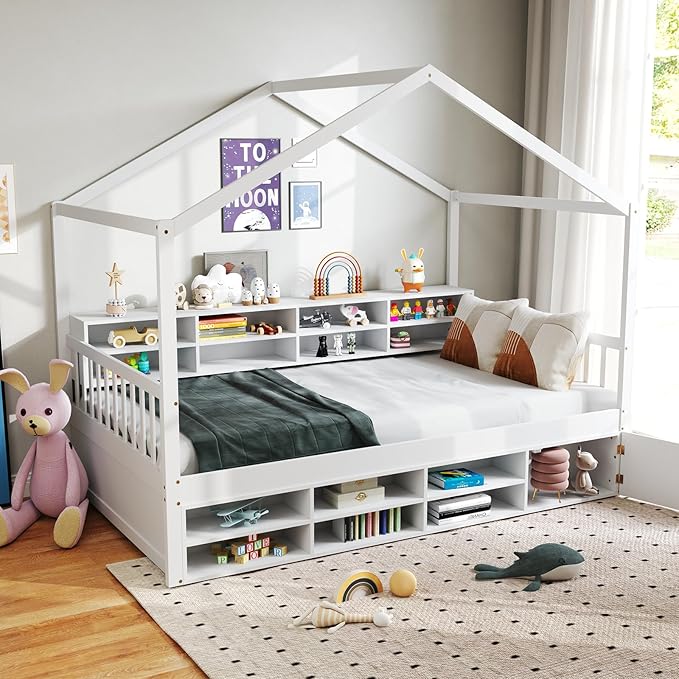 KOMFOTT Twin Size Wood House Bed with Storage Shelves, Wooden Platform Bed Frame with Storage Cabinet, Headboard & Footboard, House Bed with Wood Slats Support, No Box Spring Needed (White)