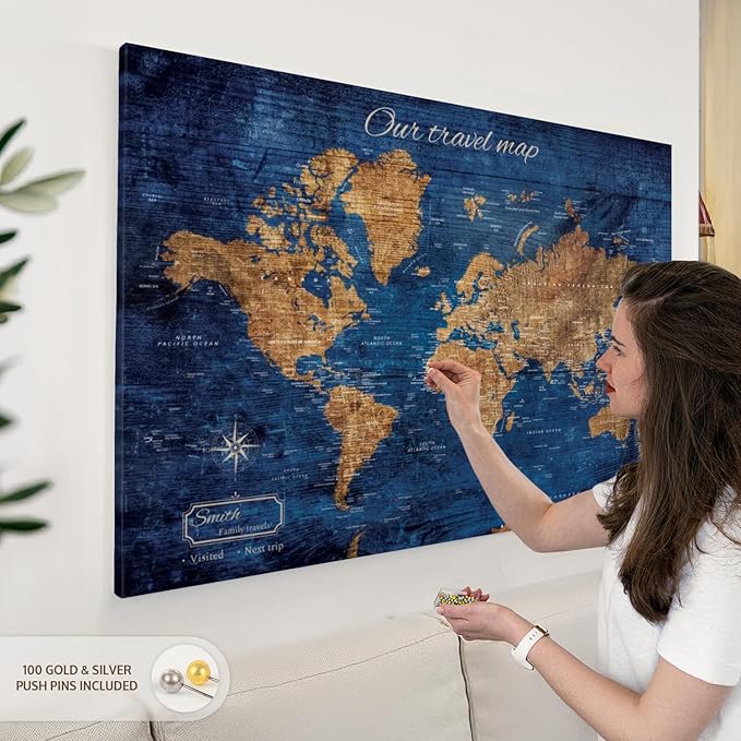 ElephantStock - Personalized Our Travel I Push Pin World Map Wall Art - Horizontal Canvas Wall Art - Living Room Wall Decor - Digital Art Map Canvas Art - Brown And Blue Decor - 48" x 32"