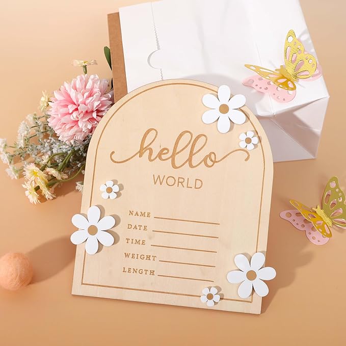 Wooden Hello World for Baby Showers - Newborn Birth Announcement Board,Daisy Wooden Baby Milestone Card,Welcome Baby Shower Gifts,Hello World Hospital Nursery Information Record Board (Hello World)
