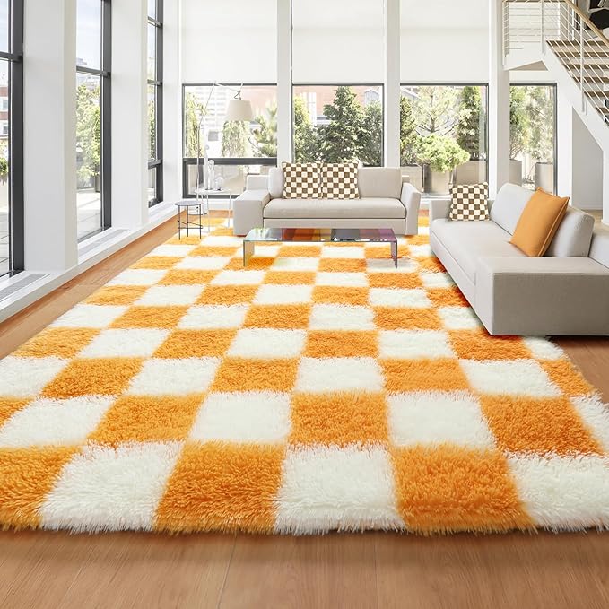 KICMOR 8x10 Area Rugs for Living Room, Large Soft Fluffy Checkered Big Fuzzy Shag Shaggy Carpet for Bedroom, Orange and Cream White Plush Rug for Kids Boys Girls Dorm Nursery Home Decor Aesthetic