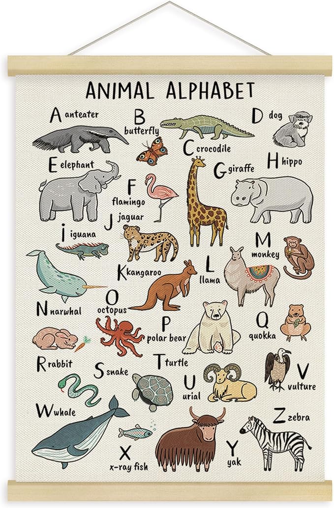 Fewgb Animal Alphabet ABC Letter Chart Wall Art Decor for Classroom Nursery Playroom Toddlers Kids Room, Preschool Educational Learning Hanging Poster Framed with Hanger, Woodland Picture Prints 12x16
