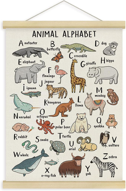 Fewgb Animal Alphabet ABC Letter Chart Wall Art Decor for Classroom Nursery Playroom Toddlers Kids Room, Preschool Educational Learning Hanging Poster Framed with Hanger, Woodland Picture Prints 12x16