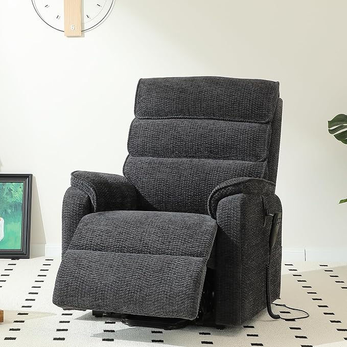 DYNOX 350 LBS Power Lift Recliner Chair for Elderly, Medium Size Dual Motor Lay Flat Infinite Positions Recliner with Heat & Massage(9188,Chenille,Grey)