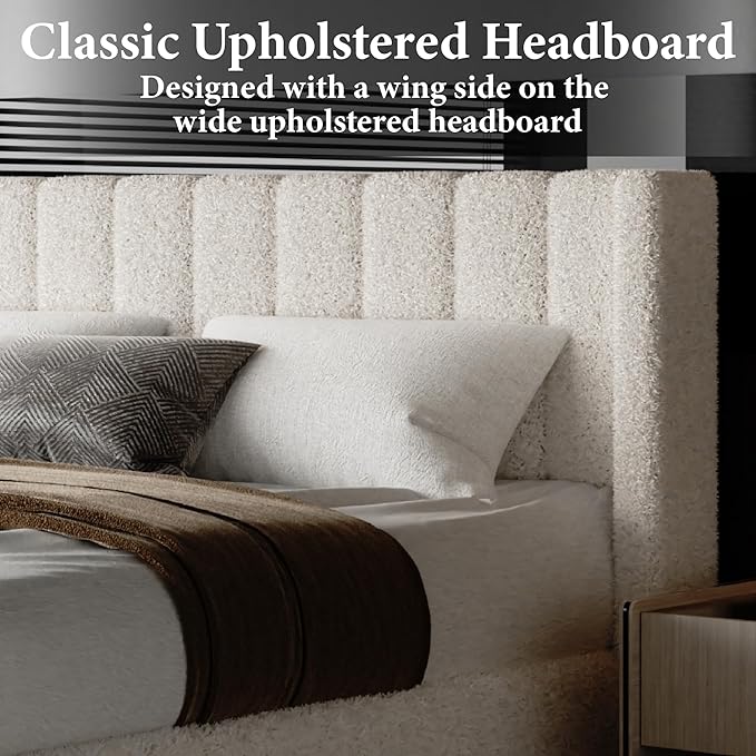King Bed Frame with Headboard Upholstered Platform Bed Frame with Teddy Velvet Headboard, Wooden Slats Support/Wing Edge Design/No Box Spring Needed/Easy Assembly, Beige King
