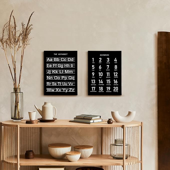 HRQKO Black Alphabet Numbers Nursery Canvas Wall Art Set of 2, Kids Room Decor Framed Art, Black ABC Numbers Educational Posters Wall Decor for Classroom Toddler Nursery Bedroom Playroom, 11x14 inch
