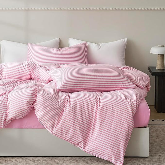 JELLYMONI Full Duvet Cover Set, Cotton Duvet Cover 2 Pieces with Zipper Closure, 1 Duvet Cover and 2 Pillowcases(Pink with White Striped)