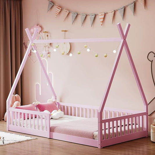 Merax Twin Size House Platform Frames Bed Floor Bed with Fence for Boys or Girls, No Box Spring Needed(Slats Kit Included), Pink