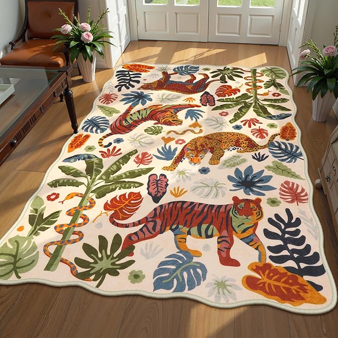 LEEVAN 5x7 Animal Area Rugs Washable Beige Tiger Living Room Rugs Non Slip Scalloped Tiger Bedroom Rug Low Pile Leopard Nursery Floor Carpet Jungle Leaf Print Kids Rug