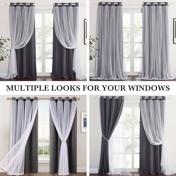 PONY DANCE Blackout Curtains 84 Inches Long - White Sheer Overlay Thermal Insulated Curtains for Living Room, Cortina para Sala (W52 x L84 inch, Grey, One Pair Grommet Drapes, with Tie Backs)
