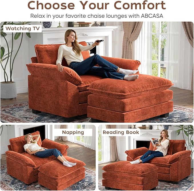 CDCASA Oversized Accent Chair with Ottoman, Chenille Comfy Cloud Sofa Chair with Large Seat and Upholstered Armrests, Modern Extra Wide Armchair for Bedroom, Living Room,Terracotta Orange