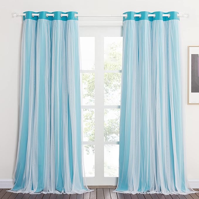 PONY DANCE Blackout Curtains 84 Inch Length - Layered Curtain Mix and Match Room Darkening Drapes with White Sheer Overlay Elegance Window Drapes with Tiebacks (One Pair, Teal Blue, 52 Inches Wide)
