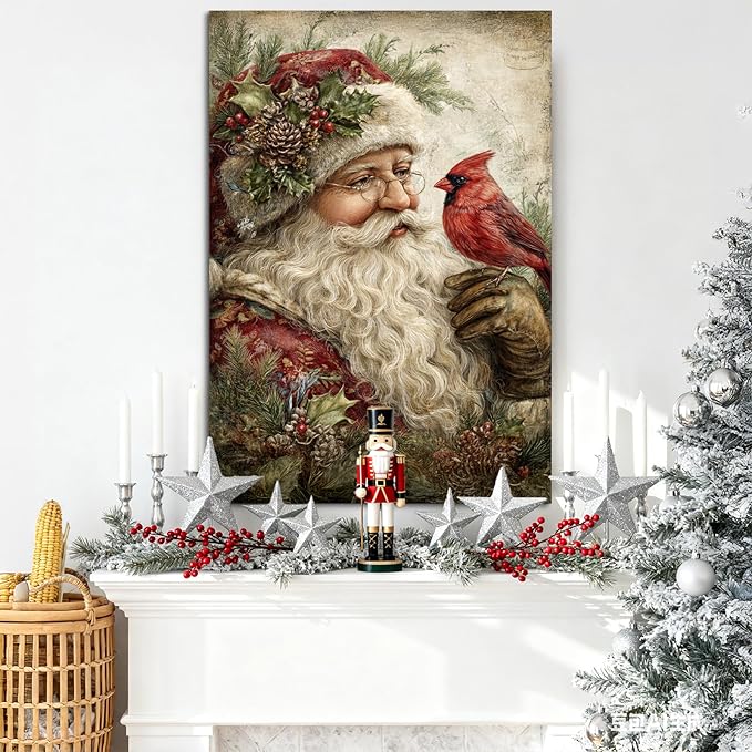 YONICA Christmas Canvas Wall Art Santa with Cardinal 18x24 Inch Vintage Style with Red Bird - Large Framed Gallery Wrapped Wildlife Art