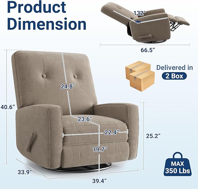 GarveeHome Recliner Chairs, Swivel Rocker Recliner, Glider Recliner Nursery Chair, 360 Swivel Glider Rocking Chair for Living Room, Bedroom, Office, RV, Small Spaces, Corduroy, Khaki
