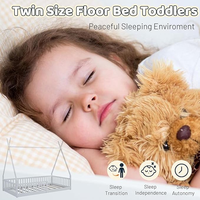 Twin House Bed with Fence Rails, Wood Montessori Floor Bed with Slats Support, Twin Size Teepee Tent Beds Kids Bed Frames for Girls Boys,White