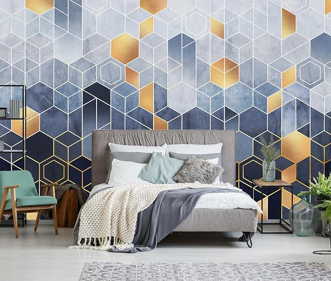 Blue and Gold Geometric Wallpaper Mural for Living Room Bedroom（Not Peel and Stick）
