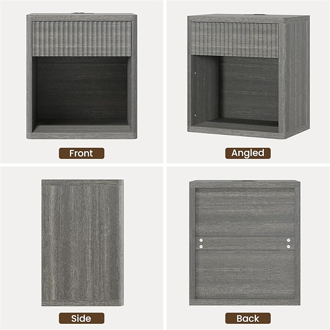 Fluted Nightstand Set of 2 with Charging Station, 21.7" Wide Modern Bedside Table with 1 Drawers Open Storage Cabinet, Wooden End Table for Bedroom,Gray