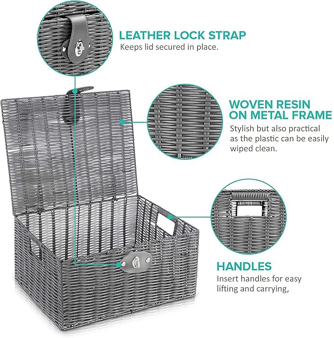 Set of 3 Woven Storage Basket Bin Wicker Hamper Stackable Box with Lid & Lock, Container Tote Cube Organizer for Nursery, Baby Toiletry, Diaper, Toys, Home Closet, Laundry, DVD, Book (Grey)