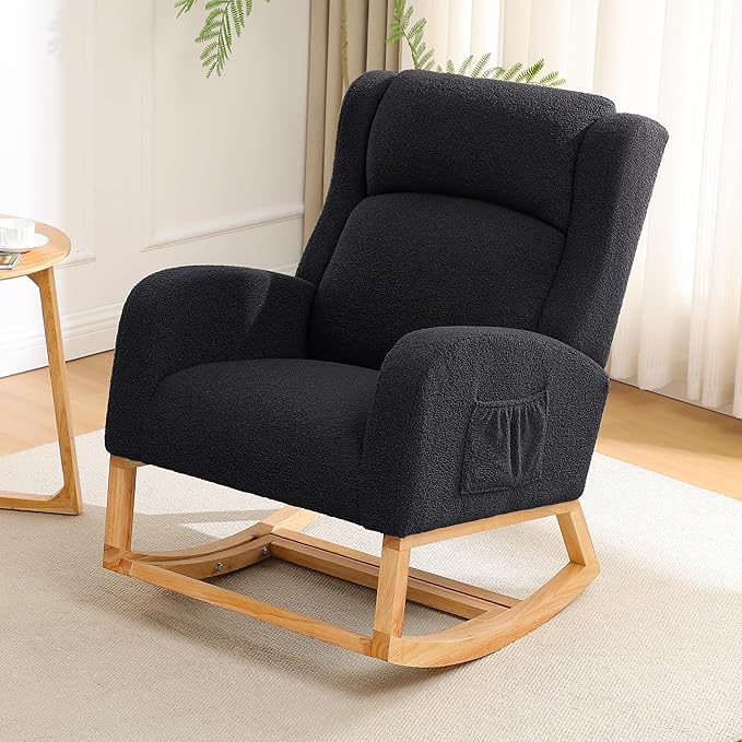 Rocking Chair Nursery, Nursing Rocking Chairs for Mom Nursery, Comfy Wingback Glider Rocking Armchair with Foot Rest and Side Pocket for Nursery Living Room Bedroom, Teddy Black