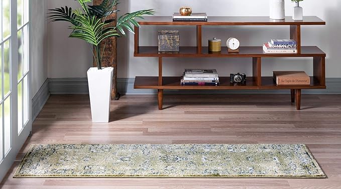 Rugs.com Charleston Collection Rug – 6 Ft Runner Green Low-Pile Rug Perfect for Hallways, Entryways