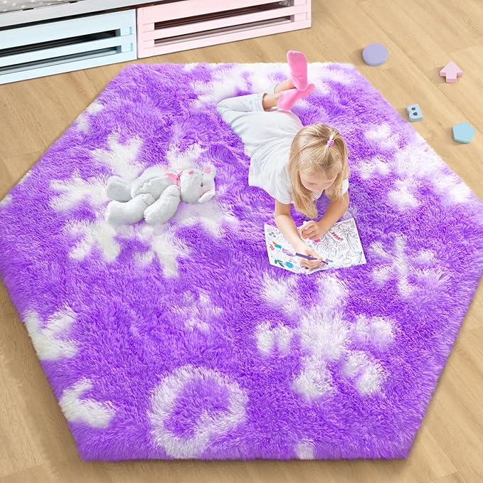 EVOIONOS Purple Princess Tent Rug, 4x4.6 Feet Area Rugs for Girls Bedroom, Fluffy Snowflake Rug for Room Decor, Plush Carpet for Kids Room Playroom Nursery Decor, Cute Hexagon Purple Rugs