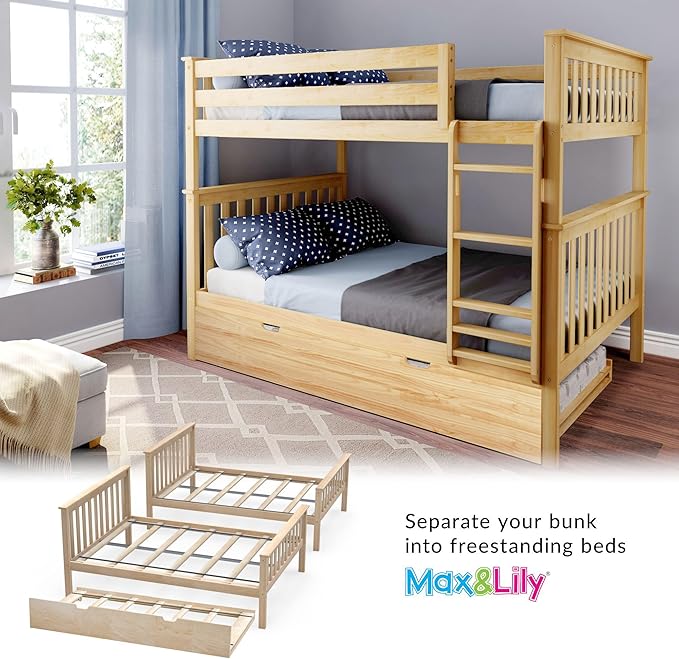 Max & Lily Bunk Bed, Full-Over-Full Wood Bed Frame For Kids With Trundle, Natural
