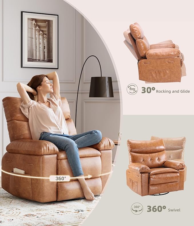 GarveeHome Oversized Wide Rocker Swivel Recliner Chair - PU Leather Manual Recliner for Adults, Large Nursery Chair Lazy Recliner with Comfort Arm and Back for Living Room, Bedroom