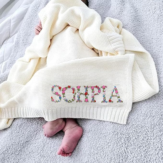 Luxury Personalized Baby Blanket, Soft Breathable Cotton Knit, Custom Embroidered Name Blanket, Newborn Baby Gift, Baby Shower Present, Gifts for New Mom, Baby Girl & Boy Style 4